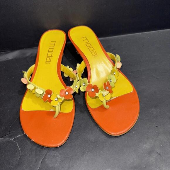 Moda Spana Orange Yellow Kitten Heel Flip Flop Floral Preppy Vintage Y2K Sz 6 - Picture 3 of 15